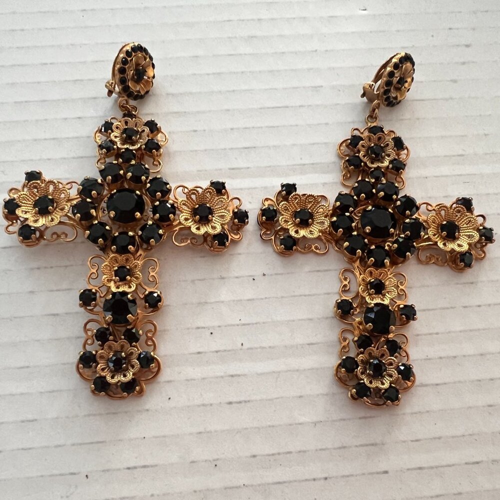 Dolce & Gabbana Gold and Black Cross Earrings - Picture 2 of 6